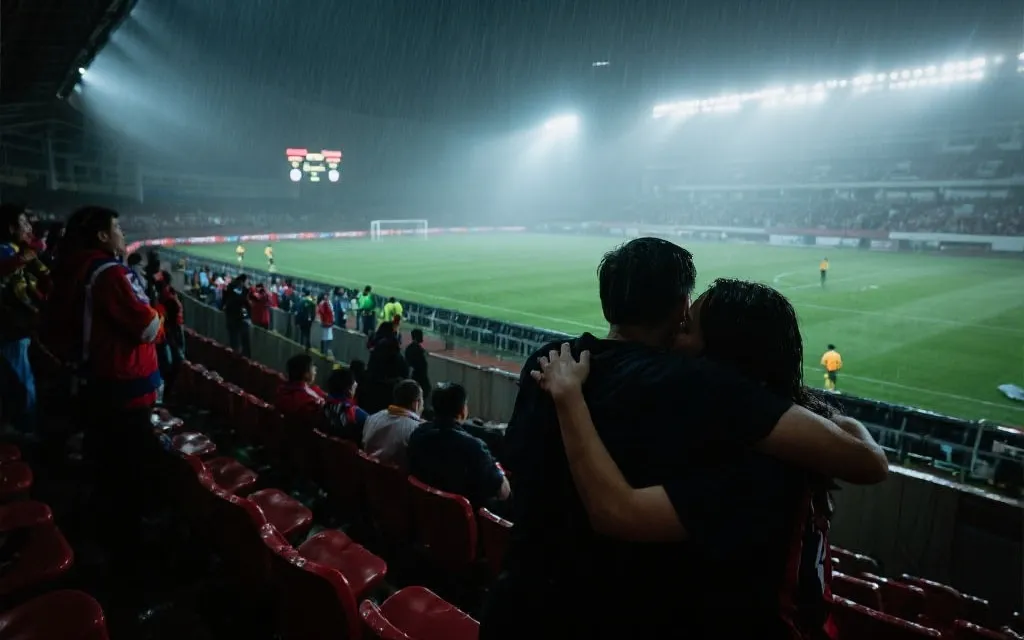 终场哨响后球迷在看台上相拥或沉默，夜色与灯光交织的情绪画面